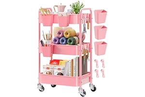 AOFURE 3 Tier Rolling Cart Metal with Lockable Wheels, Pink Three Tiered Diaper Caddy Cart Organizer on Wheels, Storage Utility Trolley Carts for Craft, Art, Nail, Lash, Baby Supplies, Cleaning, Mesh
