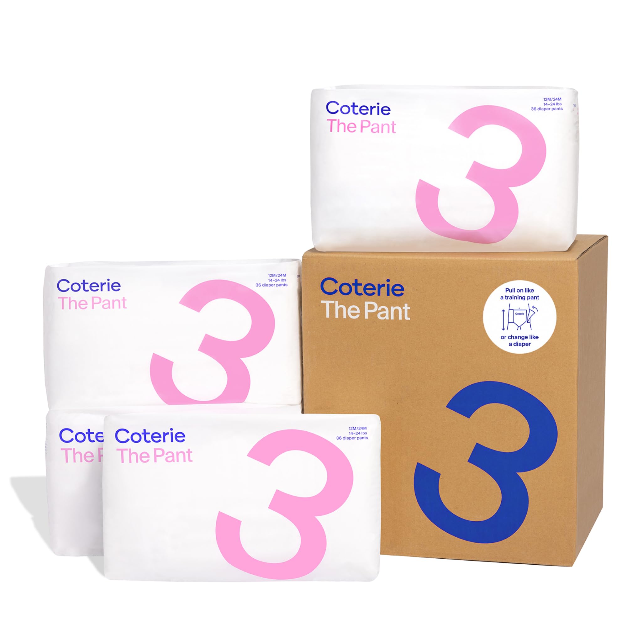 Photo 1 of Coterie The Pant, Size 3, Pull Up Style Diapers for Sensitive Skin, Hypoallergenic, Super Absorbent Overnight Leak Protection, 12/24 M (14-24 lbs) 144 Count