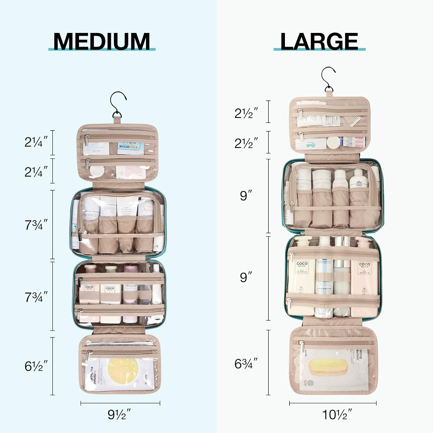 BAGSMART Toiletry Bag Hanging Travel Makeup Organizer with TSA Approved Transparent Cosmetic Bag Makeup Bag for Full Sized Toiletries, Medium-Teal