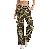 HVEPUO Camo Pants Women High Waisted Wide Leg Casual Y2K Camoflage Cargo Pants Baggy Elastic Waist Straight Jeans Trousers