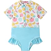 AMIYAN Toddler Girls One-Piece Swimwear Short Sleeve Ruffle Swimsuit Zipper Rash Guard Bathing Suit for Little Girls 1-5Y