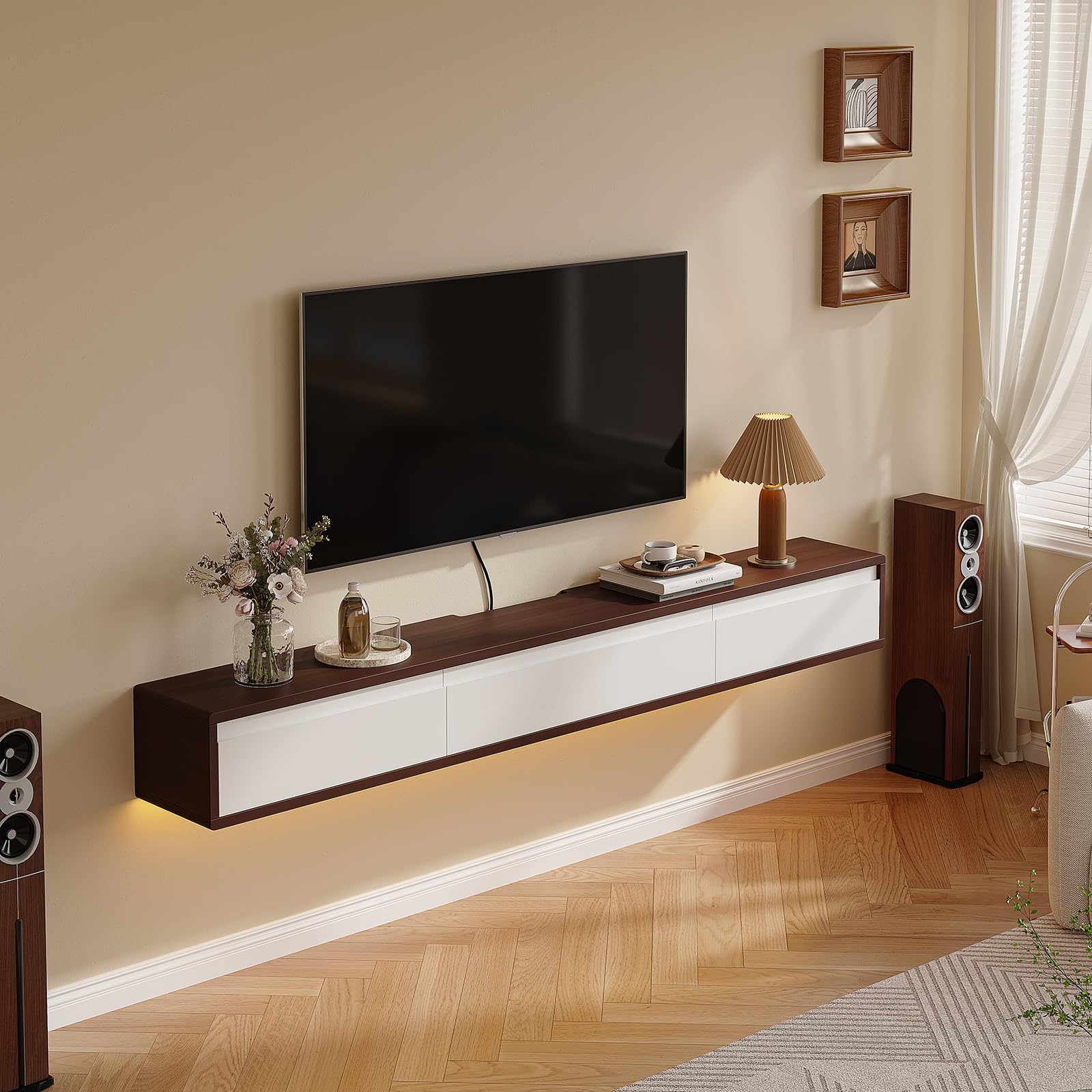 Photo 1 of FloatiCasa Floating TV Stand High Gloss,55'' Wall-Mounted TV Cabinet, Floating TV Console, Under TV Shelf with 3 Doors for Living Room, Bedroom(Walnut+White)