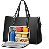 MATEIN Laptop Tote Bag with Insulated Lunch Compartment, 15.6 Inch PU Leather Briefcase with Leakproof Lunch Box Pocket for Women, Convertible Lightweight Computer Work Bag Handbag for Office, Black