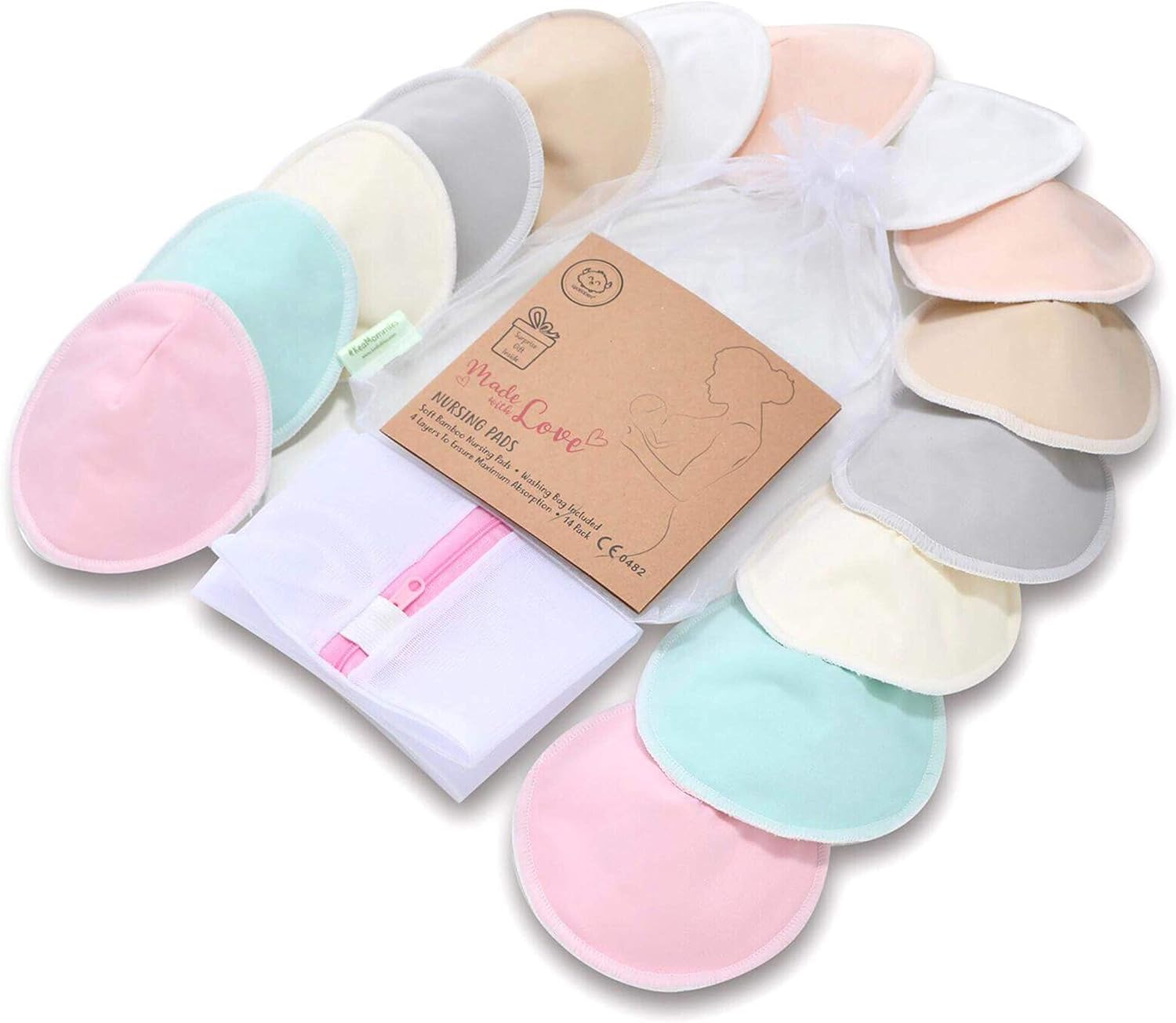Organic Bamboo Nursing Breast Pads 14 Washable Pads + Wash Bag