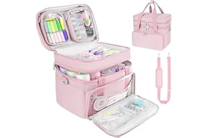 MRINCA Sewing Box for Sewing Supplies​​, Double-Layer Organizer Bag with Detachable Pockets & Elastic Loops, Large Portable Sewing Storage Basket for Accessories, Pink