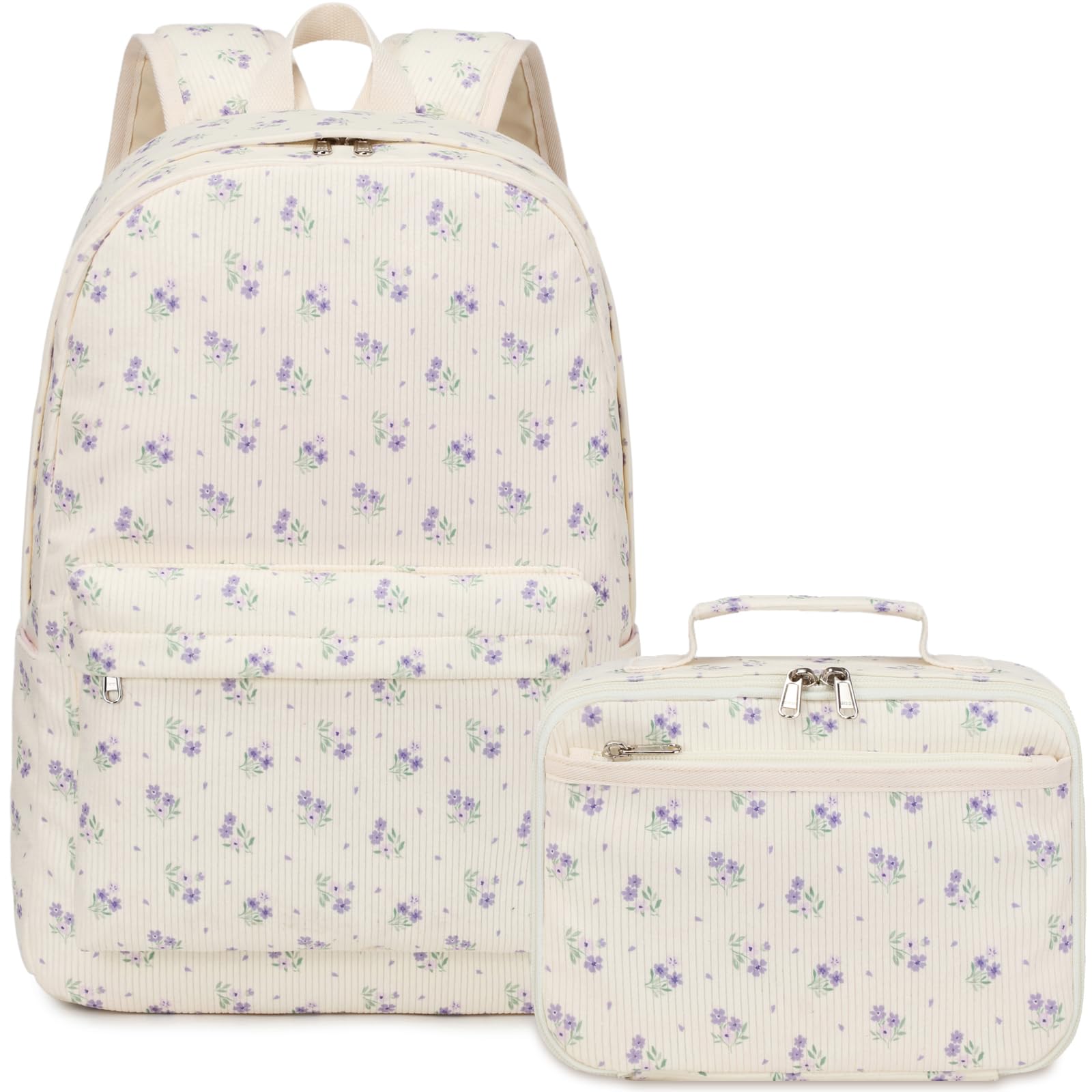 Photo 1 of Octsky School Backpack for Girls Teens Corduroy Bookbags with Lunch Box, Women Travel Daypacks, Purple Flowers