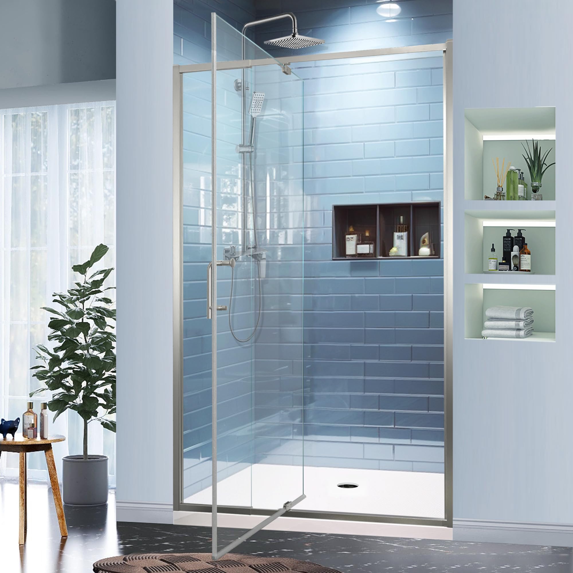 Photo 1 of GroGro 38-42" W x 71" H Semi-Frameless Pivot Swing Glass Shower Door,with 1/4"(6mm) Clear SGCC Tempered Glass,Brushed Nickel Finish,Reversible Installation
