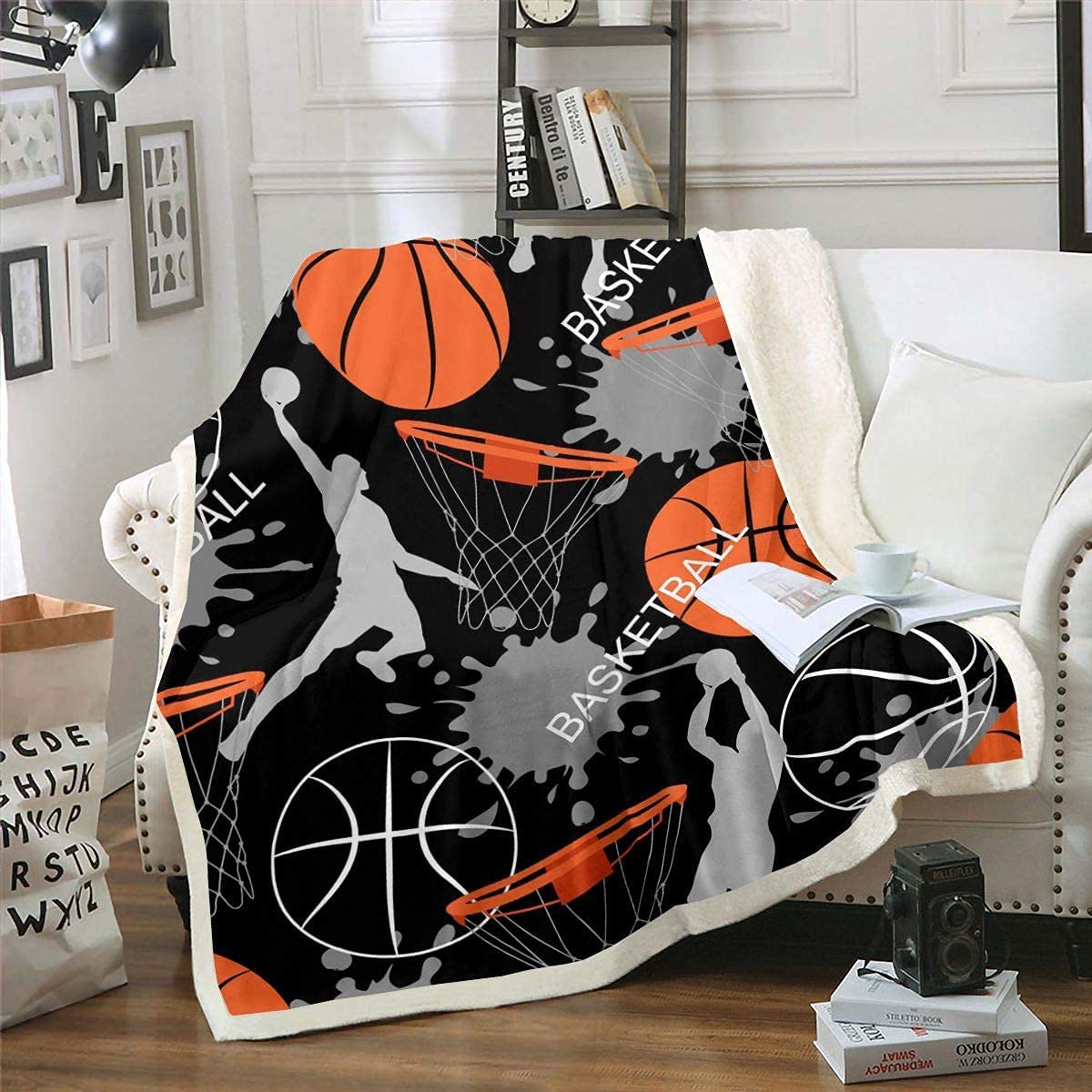 Loussiesd Basketball Fleece Throw Blanket Sports Plush Blanket for Sofa Bed 3D Ball Sherpa Blanket Athlete Competitive Fuzzy Blanket Single 50x60 Inch