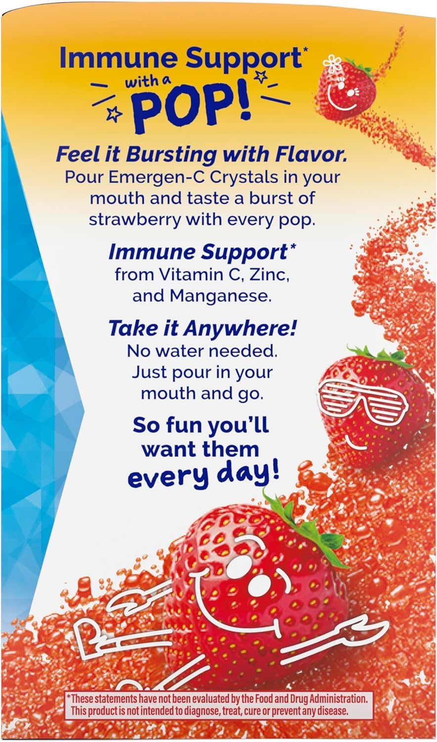 Emergen-C Kidz Crystals, On-the-Go Emergen-C Immune Support Supplement with Vitamin C, B Vitamins, Zinc and Manganese, Sparkly Strawberry, Stocking Stuffer - 56 Stick Packs