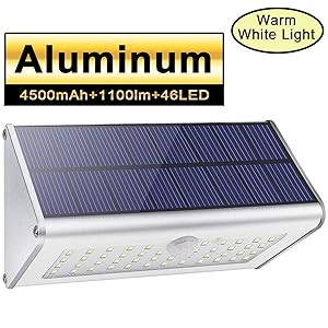 46LED Solar Lights Outdoor 1100lm 4500mAh Aluminum Alloy Housing IP65 Waterproof Motion Sensor Solar Security Lights for Front Door, Yard, Garage, Garden, Deck-Warm White Light