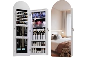 Topcomfy Arched Jewelry Armoire, 43'' LED Jewelry Cabinet Wall/Door Mounted, Lockable Full-Length Mirror with 3 Storage Shelves, Hanging Cabinet with Interior Mirror, White