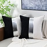 Auomily Black and Cream White Boho Striped Corduroy Throw Pillow Covers with Silver Leather Patchwork 18x18 Inch, Pack of 2, Double-Sided, Soft Spring Decorative Pillows for Couch and Living Room