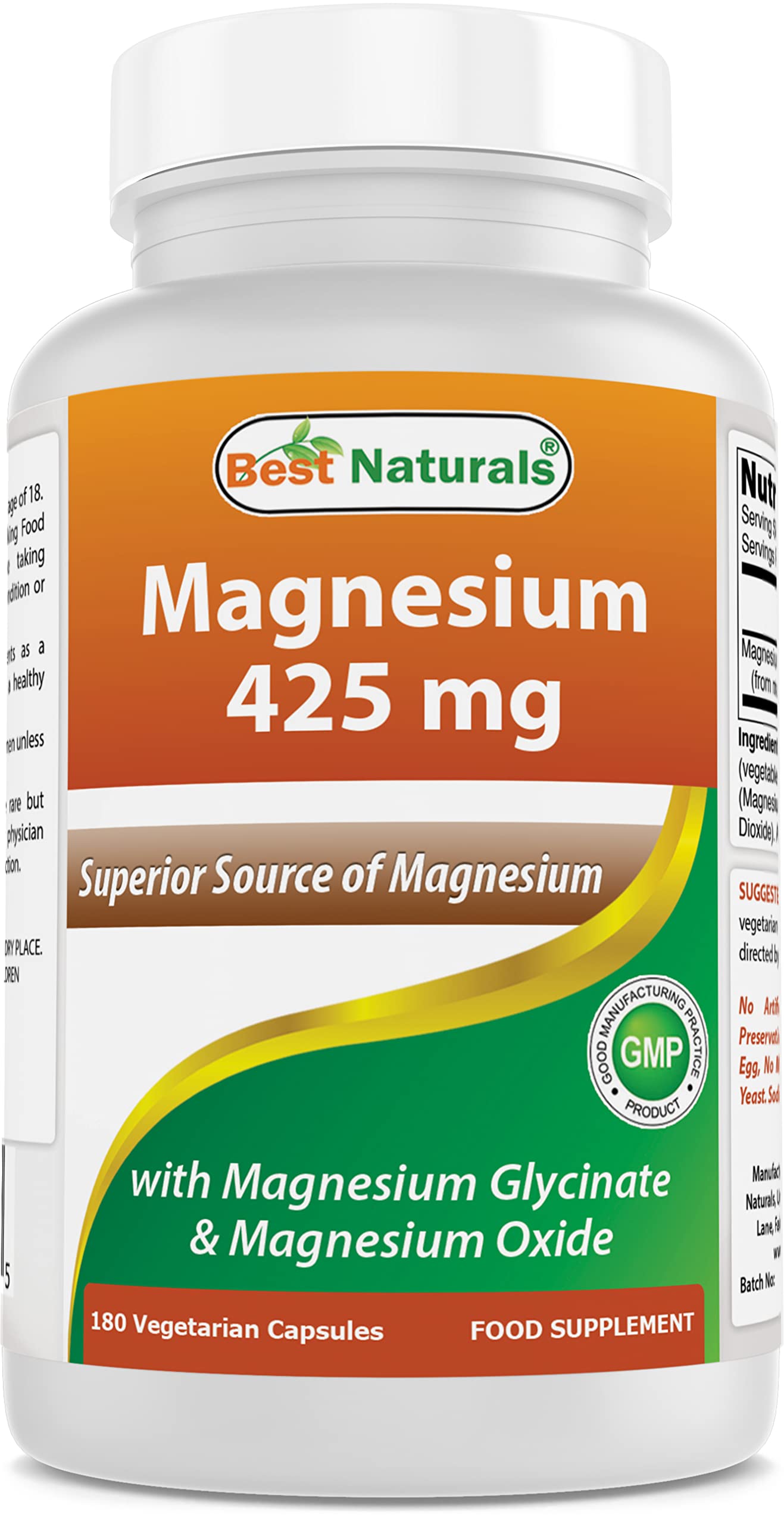Best Naturals Magnesium 425 mg 180 Veggie Capsules - High Absorption Magnesium Glycinate & Magnesium Oxide Chelated, Non-GMO, Gluten Free Muscle Relax (180 Count (Pack of 1))