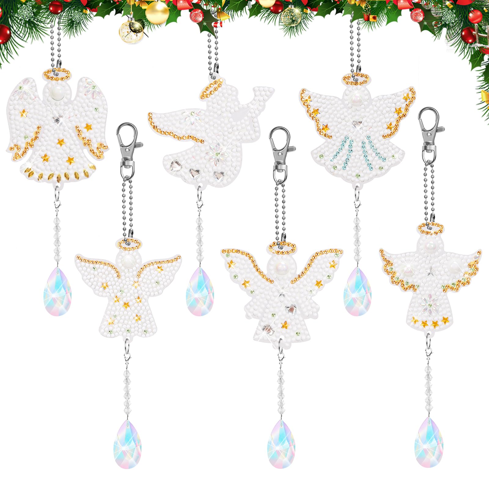 MONCAP 6 PCS Diamond Art Painting Kits 5D Guardian Angel Diamond Keyrings Double Sided DIY Art and Craft Christmas Hanging Ornament Pendant for Window Home Garden