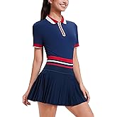 Tennis Skirt Sets for Women Zipper Color Block High Waisted Golf Polo Two Piece Skirt Set Women 2 Piece Outfits