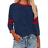 Womens 3/4 Sleeve Fashion Crewneck Tops Patchwork Blouse Casual Loose Comfy Shirt