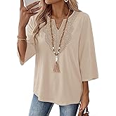 Ivicoer 3/4 Length Sleeve Womens Tops Boho V Neck Lace Shirt Vacation Clothes Trendy Blouses Dressy Casual