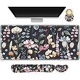ARTSO Gaming Mouse Pad Wrist Support Set, XXL Large Desk Mat Mousepad + Keyboard Wrist Support+ Mouse Wrist Rest+Coaster 4in1 Ergonomic, Memory Foam, Stitched Edge for Home Office -Flowers Plants