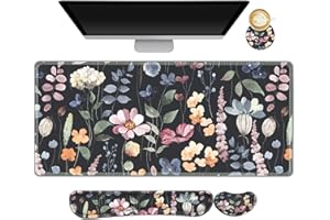 ARTSO Gaming Mouse Pad Wrist Support Set, XXL Large Desk Mat Mousepad + Keyboard Wrist Support+ Mouse Wrist Rest+Coaster 4in1 Ergonomic, Memory Foam, Stitched Edge for Home Office -Flowers Plants
