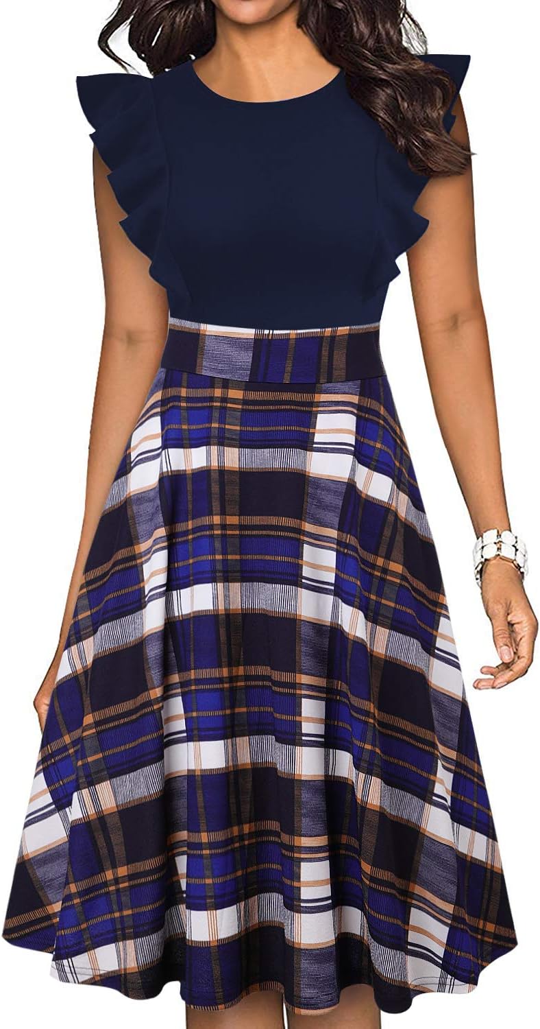 Women's Vintage Ruffle Floral Flared A Line Swing Casual Cocktail Party Dresses with Pockets