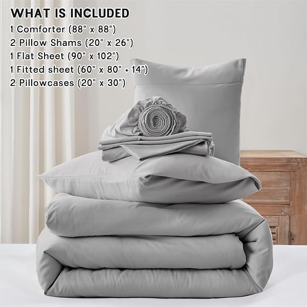 ANLUOER LIGHT GREY QUEEN COMFORTER SET 7 PIECES, BED IN A BAG WITH SHEETS, ALL SEASON BEDDING SETS WITH 1 COMFORTER, 2 PILLOW SHAMS, 2 PILLOWCASES, 1 FLAT SHEET, 1 FITTED SHEET
