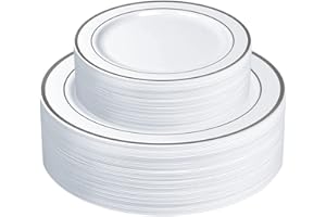 SETUP [60 Piece] Combo White Silver Rimmed Plates, Disposable Plates for Party - Premium Heavy-Duty Wedding Plates, 30 Dispos