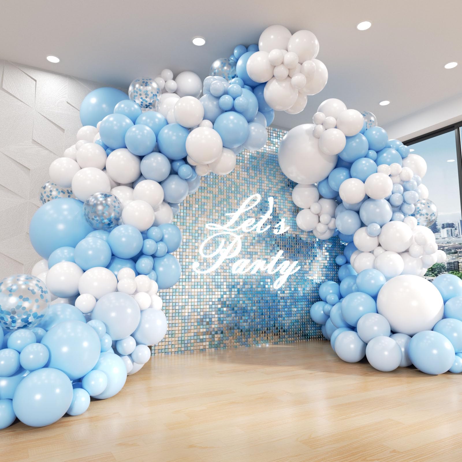 Photo 1 of 134pcs Blue & White Balloon Arch Kit - Blue & White Balloons with Dusty Blue Confetti for Anniversary, Gender Reveal, Wedding, Baby Shower & Birthday Parties