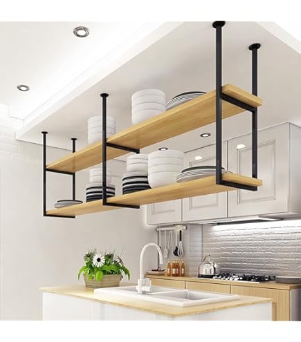 キッチン収納・ラック Round Wooden Ceiling Rack Amazon.com: Ceiling Shelf, Floating Shelves Kitchen Storage
