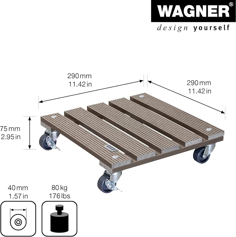 Soporte con Ruedas para Plantas WPC 29 x 29 x 7,5 cm I Carrito para Flores para Uso Exterior + Interior I Wood Plastic Composite FSC®, Topo I 2 Frenos I Carga máxima 80 kg - 20053101