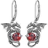 Dragon Dangle Earrings 925 Sterling Silver Vintage 6mm Round Garnet Dragon Leverback Earrings Jewelry Gift For Women