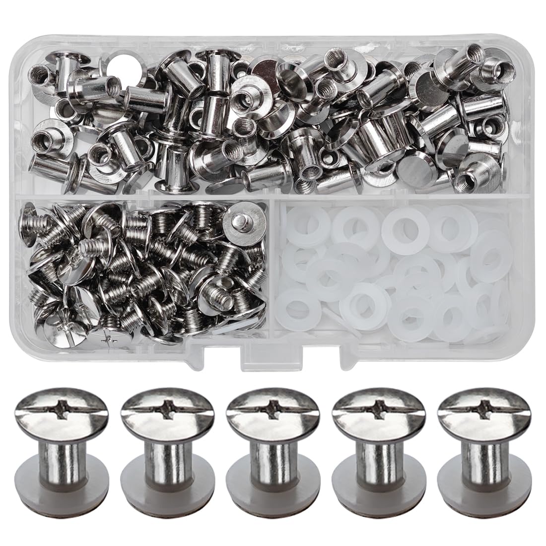 SHSMPXOY 80 Set Chicago Screws Posts for Leather Rivets M5*8mm Chicago Book Binding Screws Rivets Cross Head Chicago Button Screws for DIY Book Scrapbook Bookbinding, Bags,Collars(Silver)