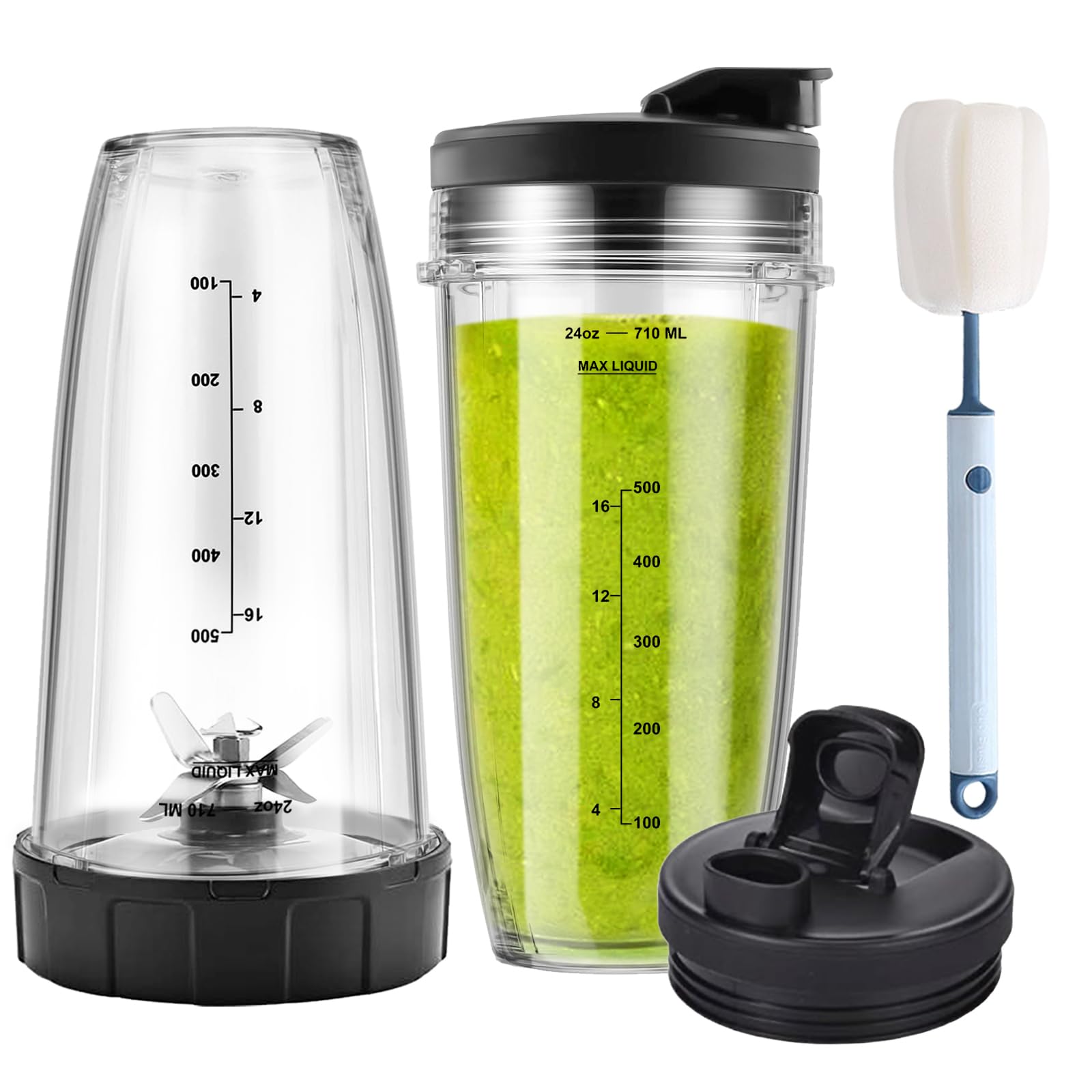 Ninja Blender Cups Replacement and Blade 6pcs, 24oz Ninja Cups for Blender and 7Fins Blade Replacement, Ninja Blender Replacement Parts for Auto iQ BL642-30 BL450-30 BL482-30 BL687CO-30 ect.