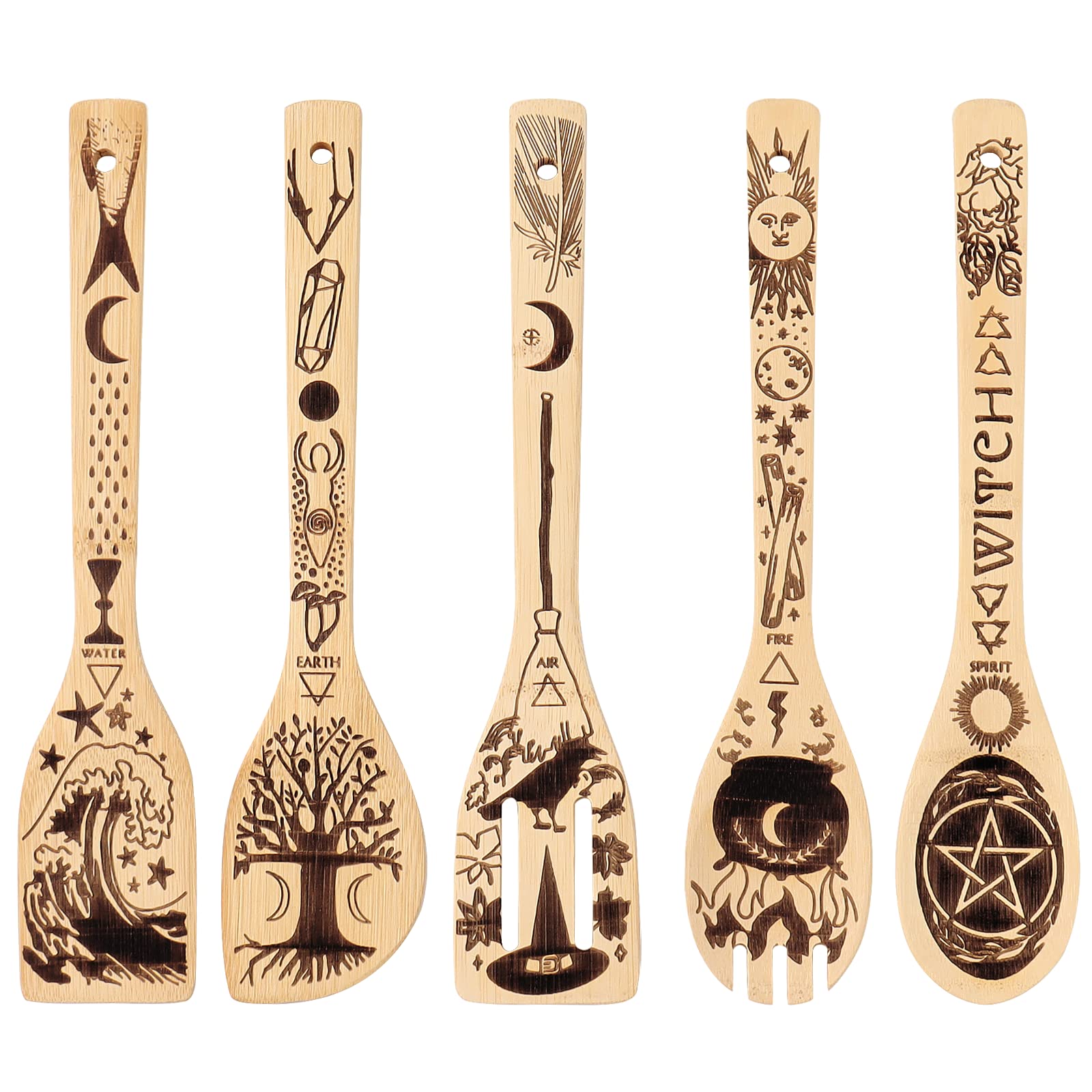 FUTERLY 5 PCS Witchy Wooden Spoons for Cooking - Witch Gifts for Women,Witch Stuff Wooden Spatula for Kitchen Witch Decor,Cottagecore Gifts for Witches,Witch Set for Pagan Decor, Witchy Spoons