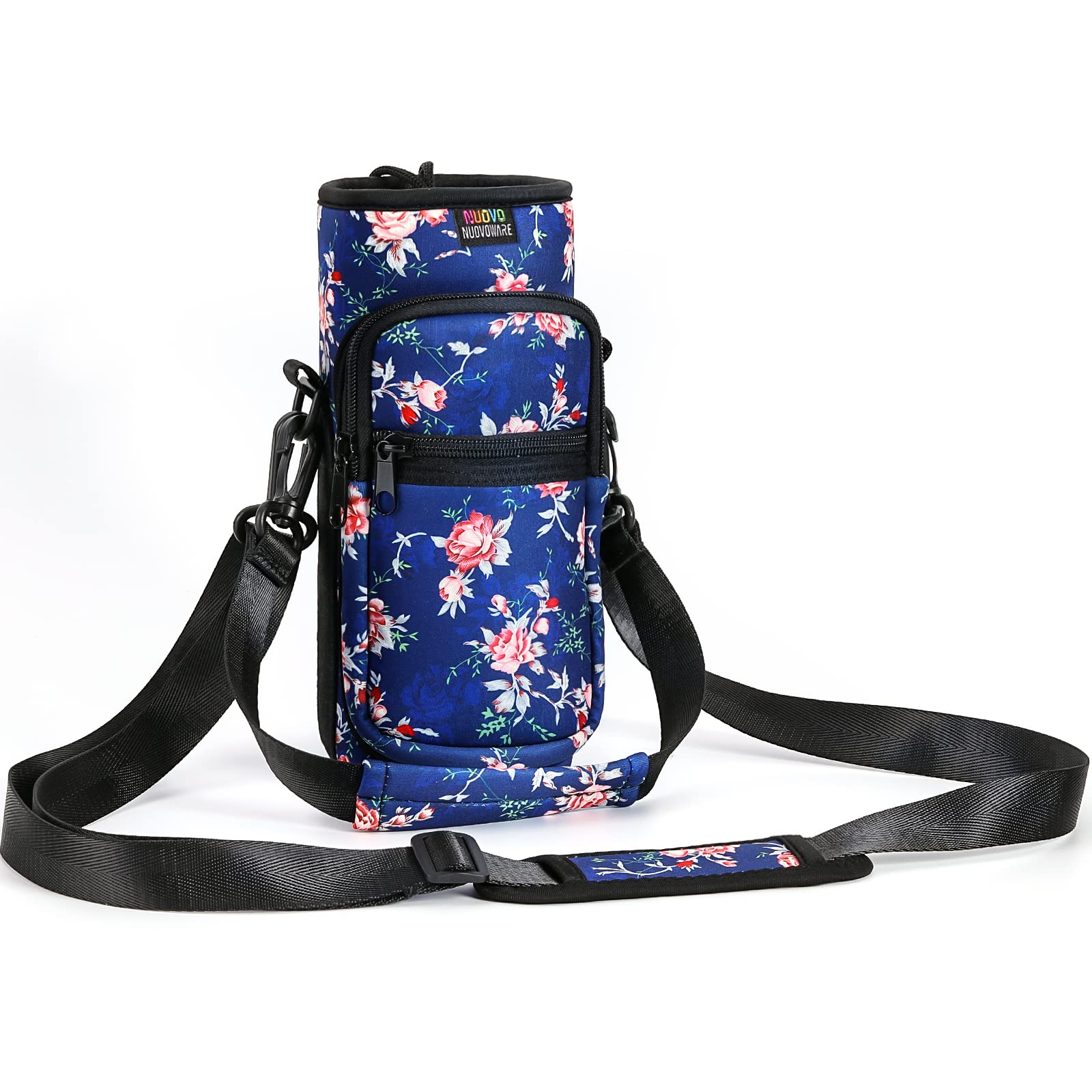 Nuovoware Water Bottle Carrier Bag, 750ml Bottle Pouch Holder, Adjustable Shoulder Hand Strap 2 Pocket Sling Neoprene Sleeve Sports Accessories for Hiking Travelling Camp, Blue Peony
