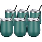VEGOND Wine Tumblers Bulk 6 Pack, 12oz Stainless Steel Stemless Wine Glass with Lids and Straws, Double Wall Vacuum Insulated Tumbler Cup, Coffee Mug for Cold Hot Drinks