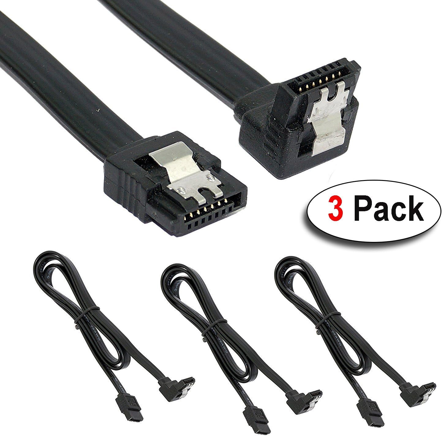 RiaTech® 3 Pack 40cm Sata 3 (Sata III) Data Cable with Locking Latch Straight to Right Angle 90 Degree