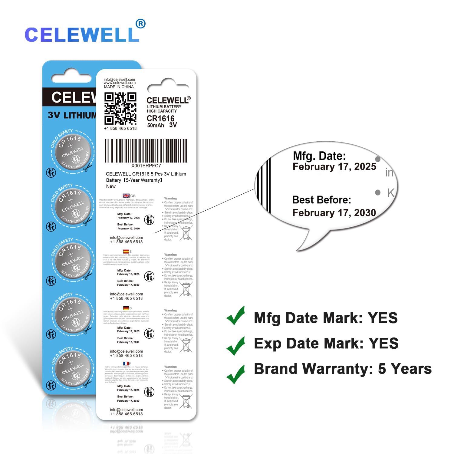 CR1616 5 Pcs 3V Lithium Battery【5-Year Warranty】