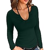 VICHYIE Womens Fall Clothes Long Sleeve Shirts Halter V Neck Ribbed Knit Slim Fitted Basic Casual Tops