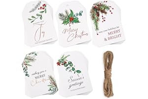 HUNANYUME 50 PCS Christmas Gift Tags Holly Mistletoe Berries Craft Paper Labels with Hemp Rope Hanging Christmas Name Tag for Personalizing Christmas Holiday Present Decorations, 5 Styles