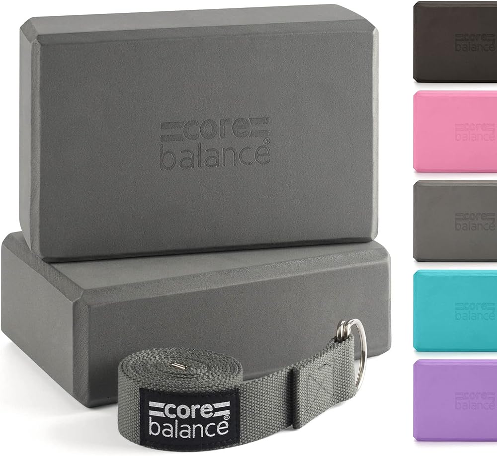 Core Balance Yoga Blocks Set of 2 with Adjustable Strap Grey EVA Foam