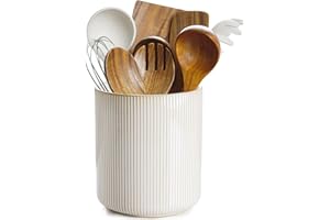 getstar Utensil Holder, Large Kitchen Utensil Holder with Cork Mat, Farmhouse Kitchen Decor, Ceramic Cooking Utensil Holder for Kitchen Counter