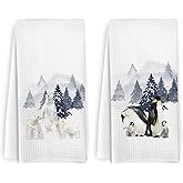 KFXHANGD Christmas Winter Penguin Kitchen Towels Set of 2, Winter Dish Towels, Winter Christmas Decor, Cute Penguin Bear Gifts, Winter Hand Tea Towels for Bathroom Kitchen Cabin Decor, 16x24 Inches