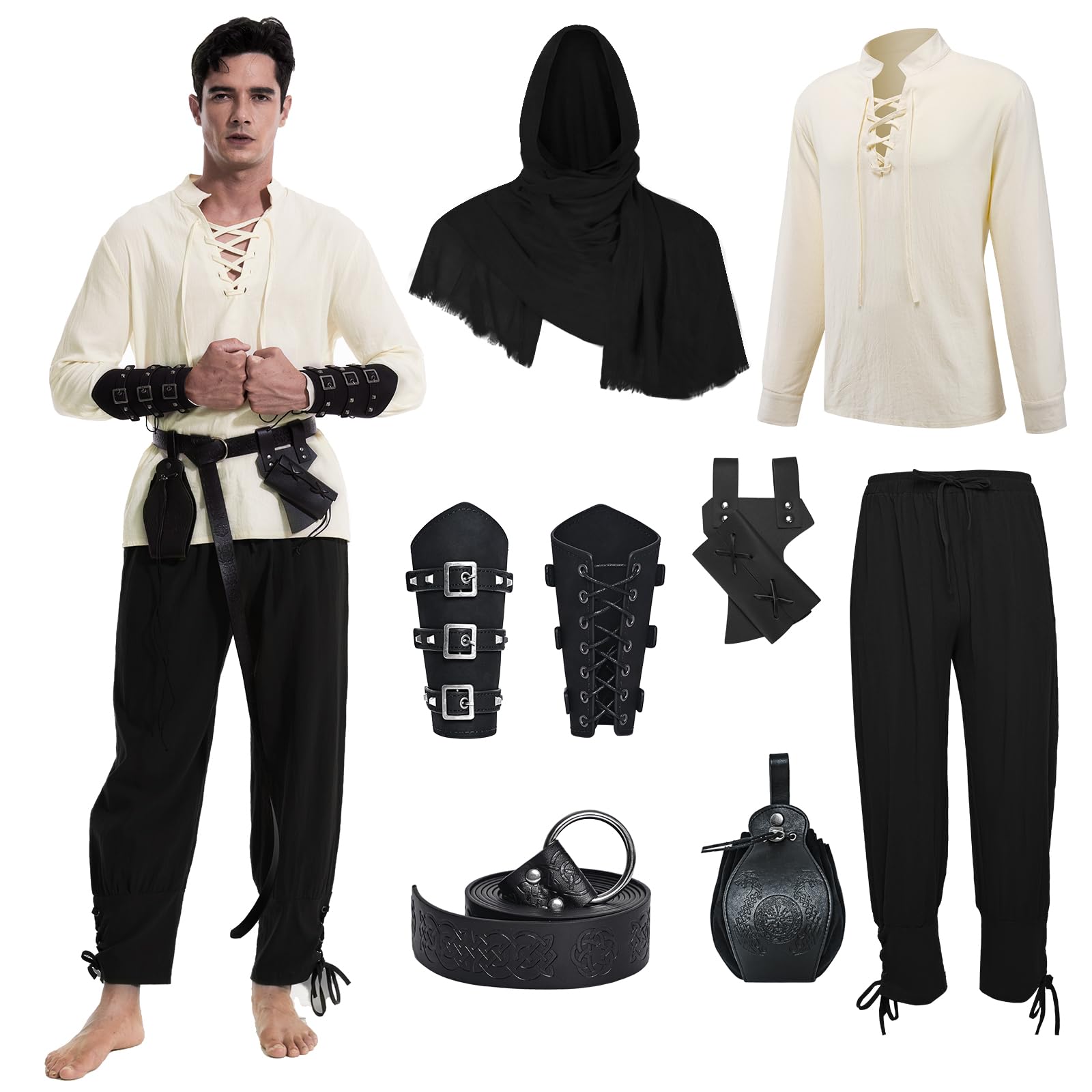 MVFEUIJ Men's Medieval Clothing Renaissance Viking Pirate Shirt Gothic Lace-up Shirt and Pirate TrousersBelts Waist bags Arm guards Set (Black, XL)