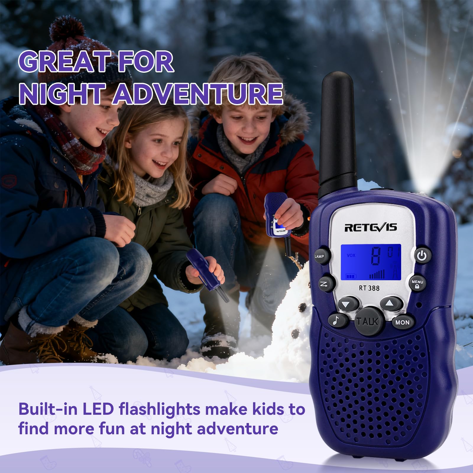 Retevis RT388 Walkie Talkie Kinder, Spielzeug Kinder mit Taschenlampe, Funkgeräte ab 4-12 Jahre, Weihnachten Geschenke Junge Mädchen für Familienspiel, Abenteuer (1 Paar, Dunkelblau) 5