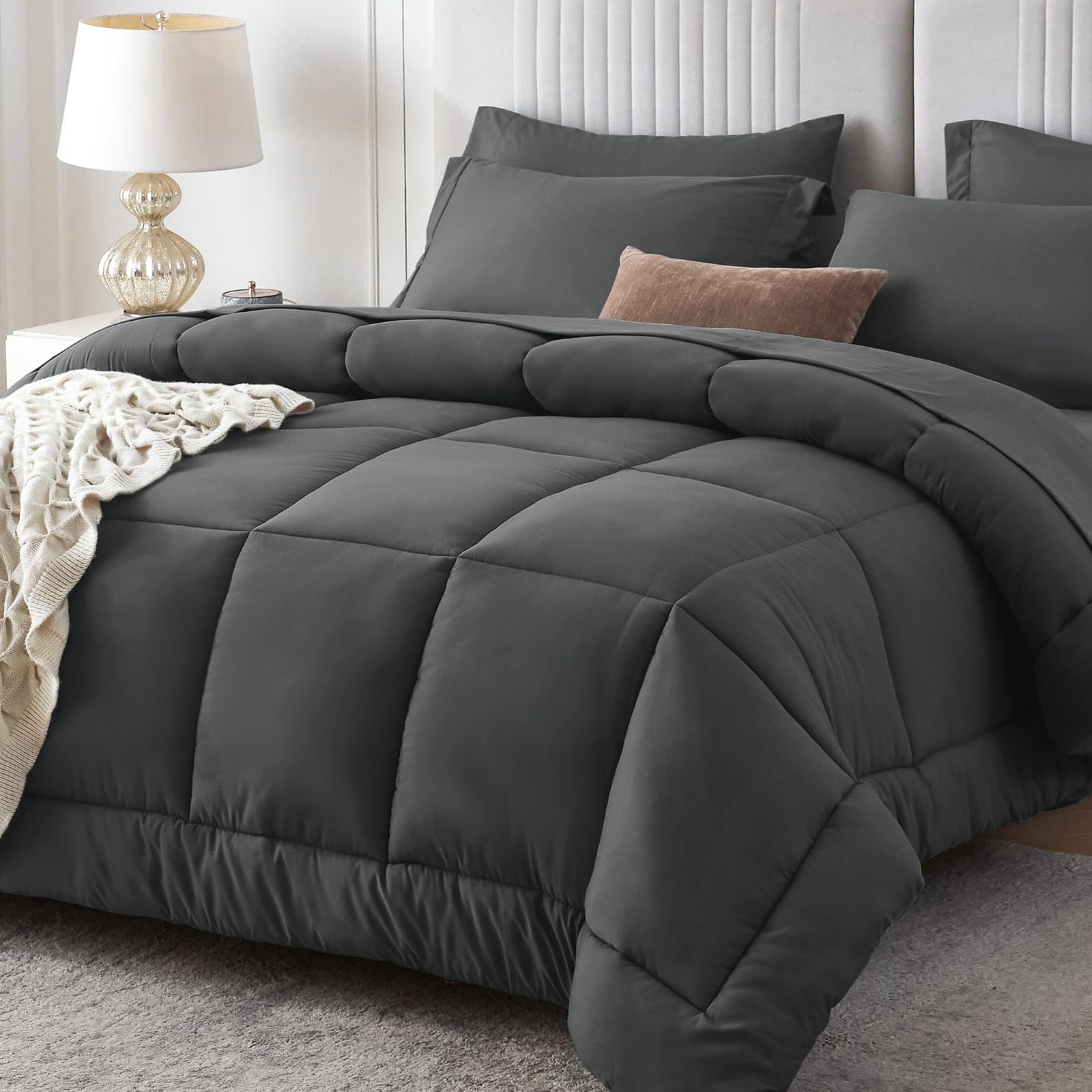 Sasttie Oversized Queen Comforter Set, 7 Pieces Extra Large Bed in a Bag, Complete Bedding Set Includes 98''x98'' Comforter, Flat Sheet, Fitted Sheet, Pillowcases and Pillow Shams, Dark Grey Image