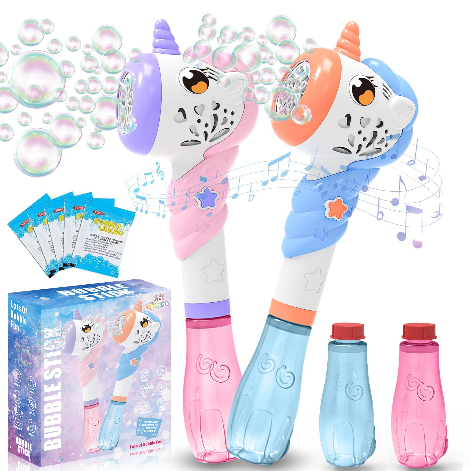 Photo 1 of 2PCS Automatic Bubble Machine Guns, Bubble Maker with Light & Music for Girls Boys, Outdoor Unicorn Bubble Maker Wand with 2 Bubble Solution, Outdoor Party Birthday Toys Gift for Adults Kids
