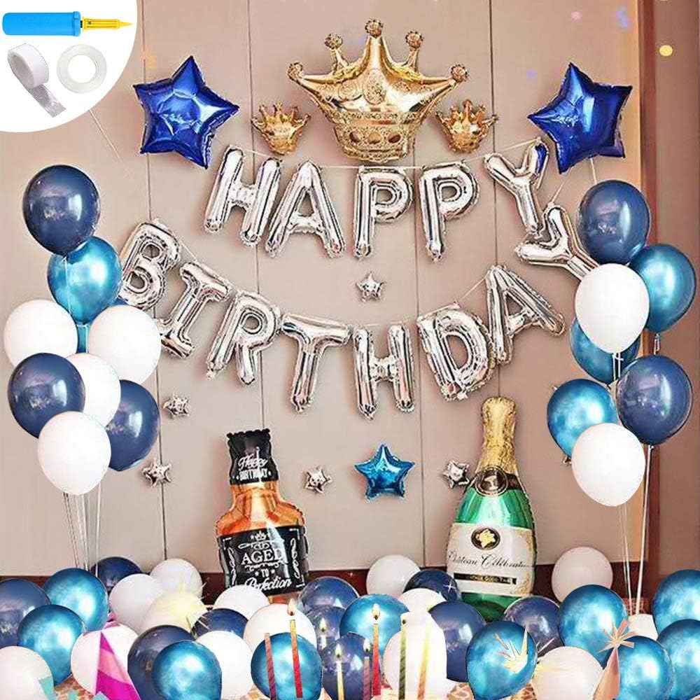 Amazon 誕生日 飾り付け バルーン 風船 ハッピー バースデー 文字 Happy Birthday サプライズ ゴールド シルバー ブルー 79点セット アルミ 風船 パーティー 飾り かわいい プレゼント ディスプレイ デコレーションキット 空気入れ付き 風船 バルーン おもちゃ
