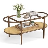 Zelurelle Boho Oval Coffee Table with Storage Shelf, 2-Tier Tempered Glass | Rattan Coffee Table for Living Room, Mid Century Modern Center Table with Acacia Wood Frame