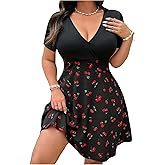 SOLY HUX Women's Plus Size Summer Dress Cherry Print V Neck Short Sleeve A Line Flowy Short Dresses