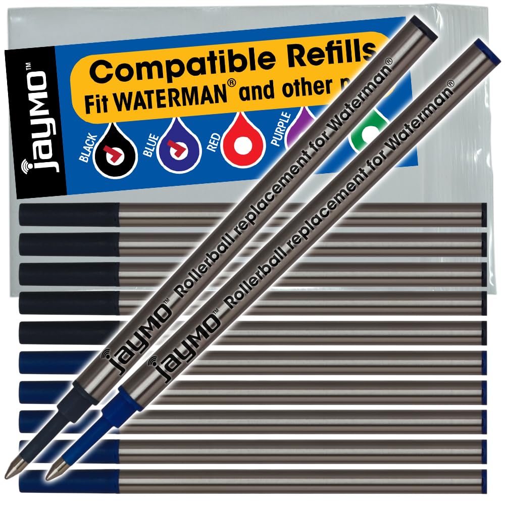 Jaymo Replacement for Waterman 540951/540961 - Measures 4.3 in / 109 mm Long - Rollerball Pen Refill - 6 Black + 6 Blue